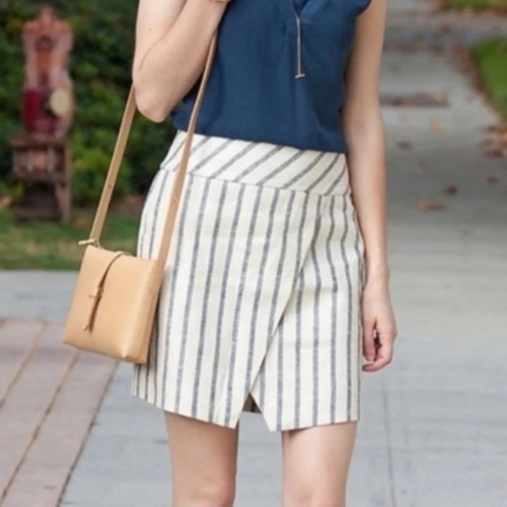 J.Crew Linen Striped Wrap Mini Skirt Women's 00‎ Blue White Asymmetrical Summer